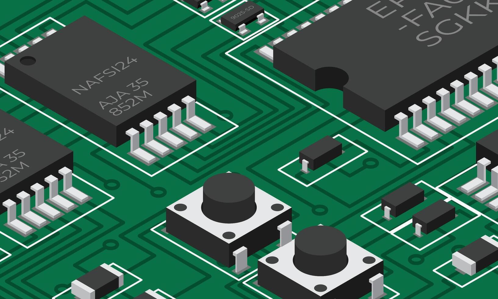 isometrico elettronico tavola. isometrico stampato circuito tavola con elettronico componenti. elettronico componenti e integrato circuito tavola vettore