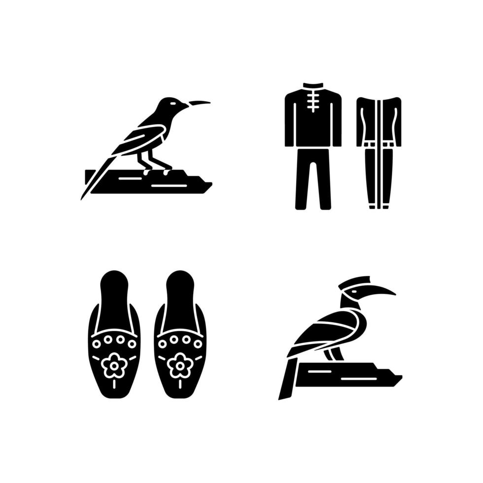 singapore specie di uccelli icone nere glifi impostate su uno spazio bianco. costume tradizionale di Singapore. pantofole di perline. uccelli tropicali. abiti nazionali. simboli di sagoma. illustrazione vettoriale isolato