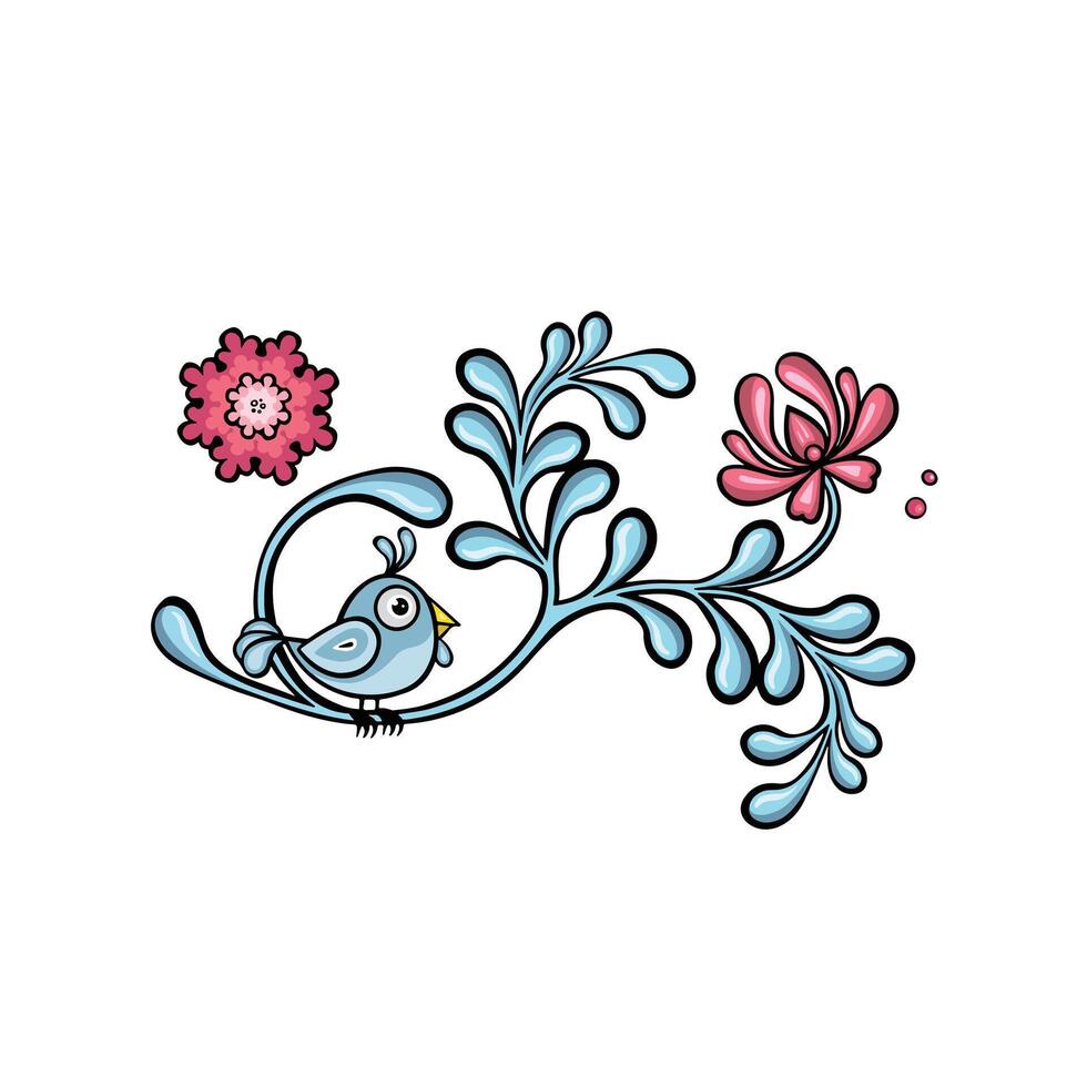 blu ramo con fiori etnico cartone animato, mano disegnato illustrazione vettore