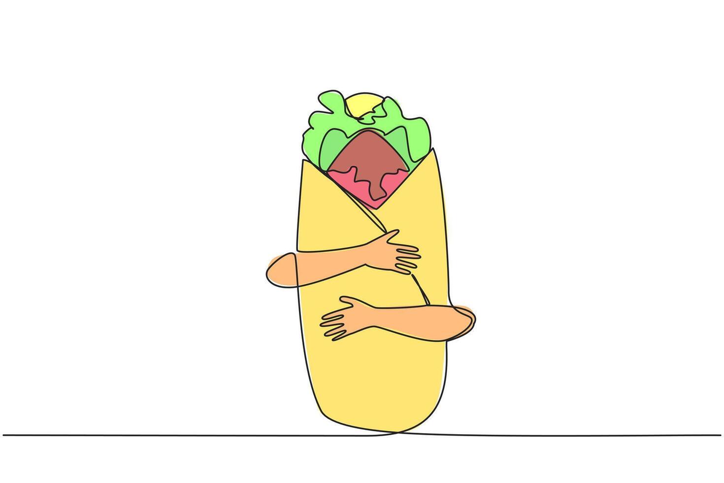 singolo uno linea disegno di mani abbracciare shawarma. un' delizioso piatto consistente di strati di sottilmente affettato carne, fresco verdure e salse. veloce cibo. continuo linea design grafico illustrazione vettore