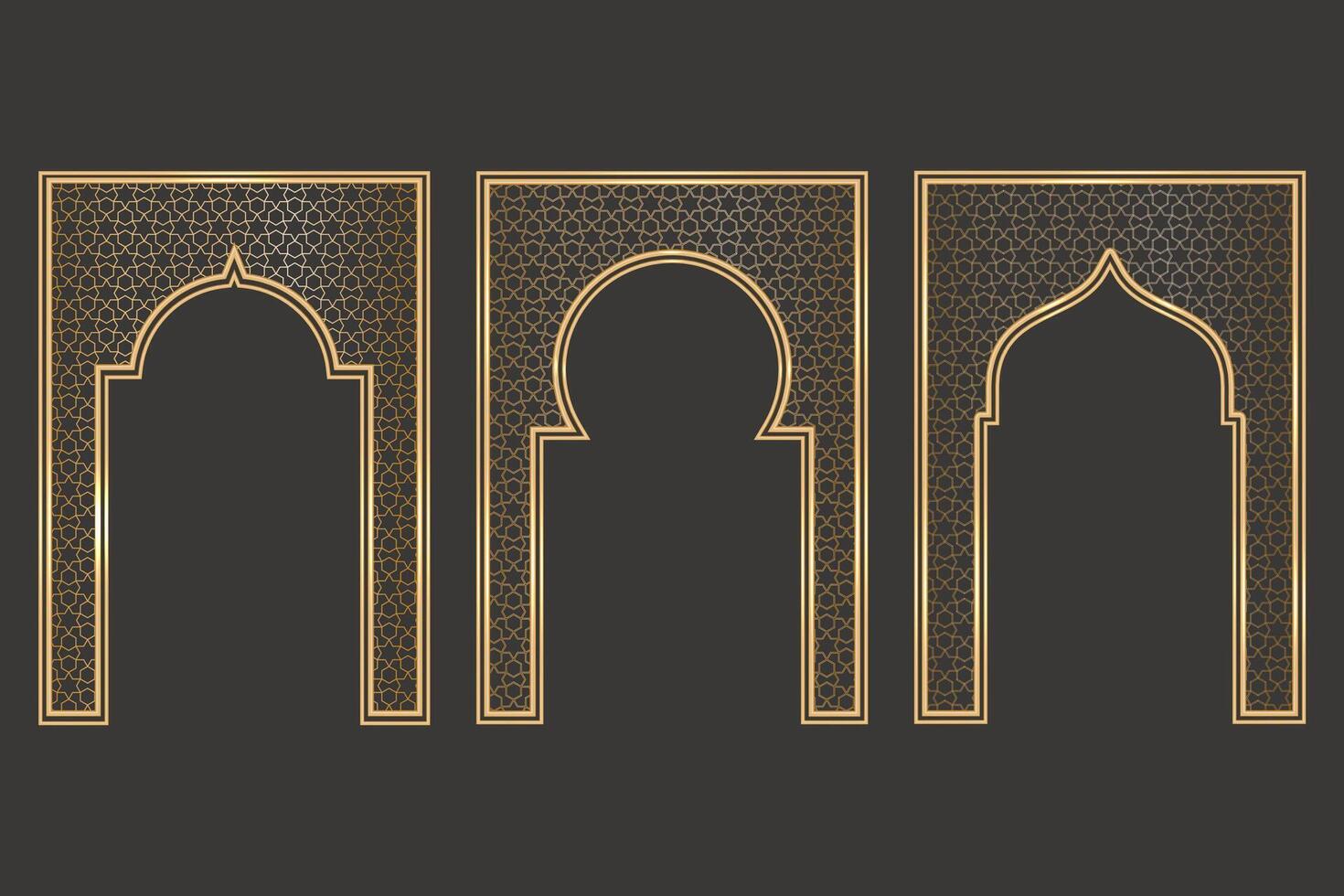 Ramadan islamico arco telaio con ornamento. musulmano tradizionale porta illustrazione per nozze invito inviare e modelli. d'oro montatura nel orientale stile. persiano finestre forme impostare. vettore