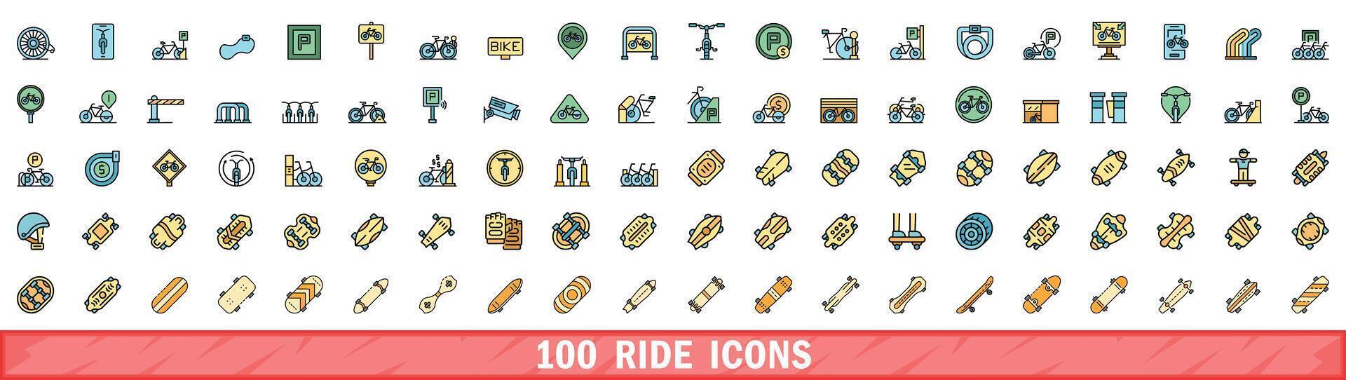 100 cavalcata icone impostare, colore linea stile vettore