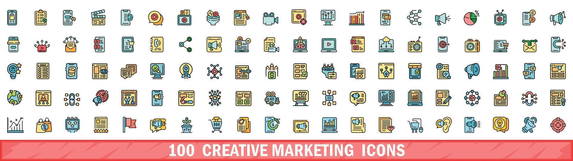 100 creativo marketing icone impostare, colore linea stile vettore