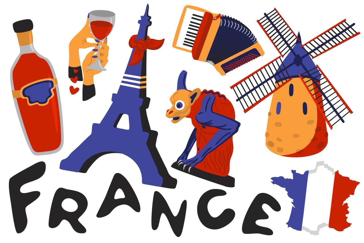 Francia. luminosa impostato di francese simboli. rosso vino, eiffel Torre, gargoyle, fisarmonica, mulino a vento vettore