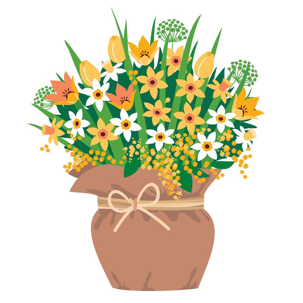 giallo primavera fiori nel un' rustico vaso. un' mazzo di giunchiglie e tulipani nel un' fiore pentola. illustrato clipart. vettore