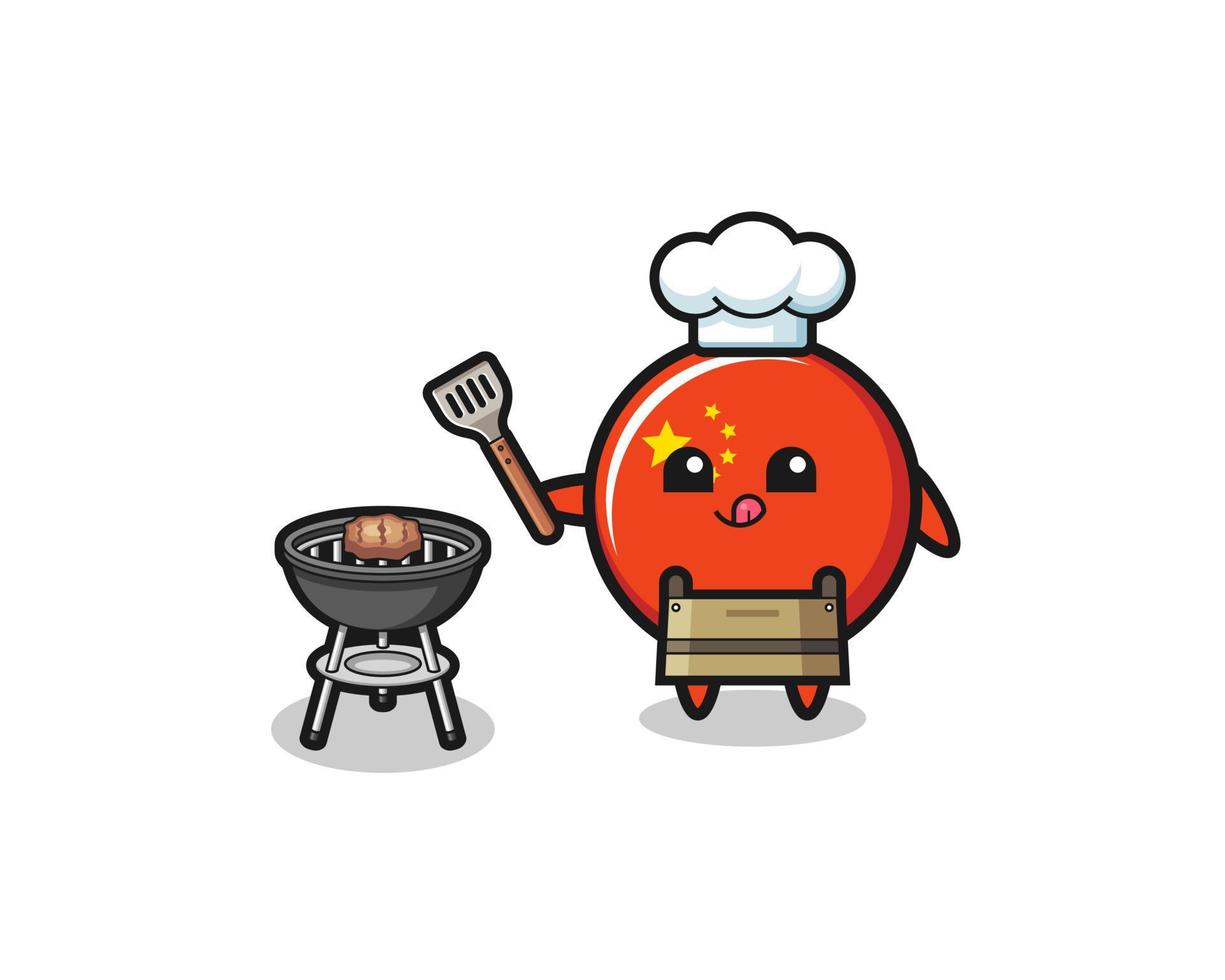 chef del barbecue con bandiera cinese con una griglia vettore