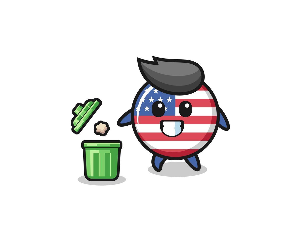 illustrazione della bandiera degli Stati Uniti che getta immondizia nel bidone della spazzatura vettore