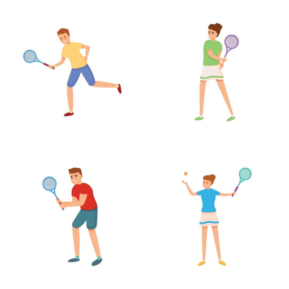 tennis icone impostato cartone animato . tipo e ragazza impegnare nel tennis vettore