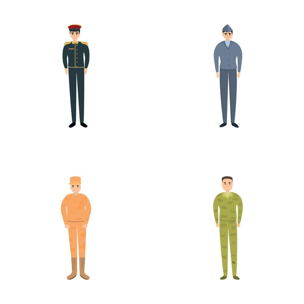 militare uomo icone impostato cartone animato . soldato e ufficiale nel militare uniforme vettore