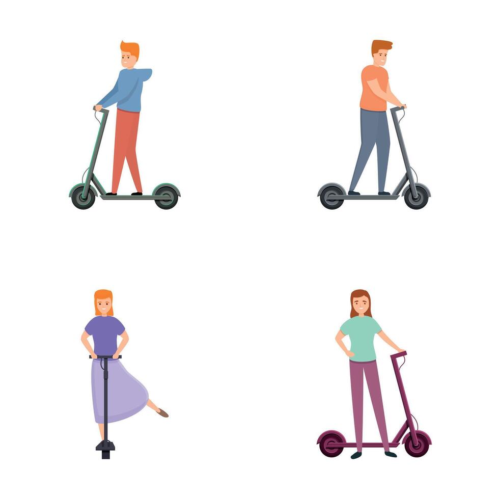 elettrico scooter icone impostato cartone animato . uomo e donna equitazione elettrico scooter vettore