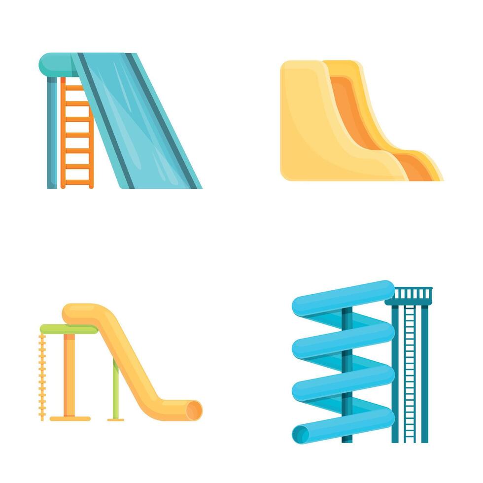 Parco acquatico diapositiva icone impostato cartone animato . estate vacanza nel acqua parco vettore