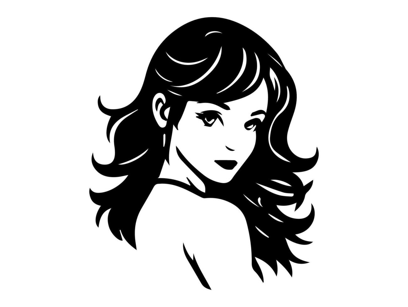 un enigmatico nero e bianca silhouette di un' ragazza con fluente capelli vettore