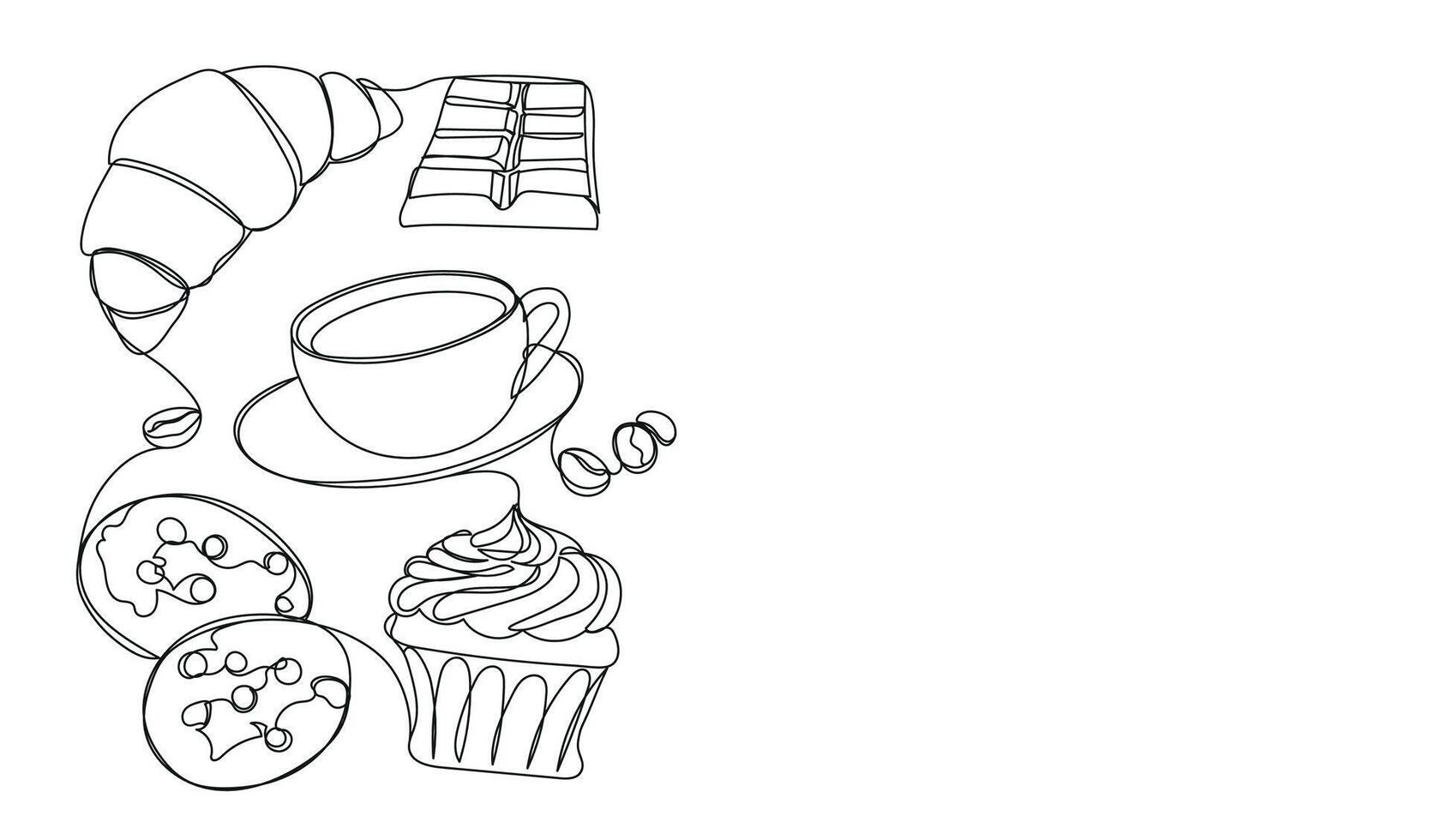 continuo linea disegno con brioche, caffè tazza, cupcake, cioccolato, biscotti con vuoto spazio per testo. prima colazione schema illustrazione. dolce cibo, dolce linea arte vettore