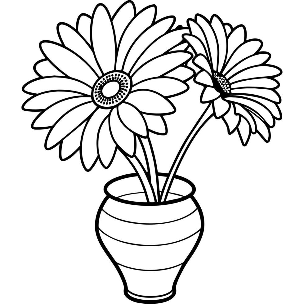 gerbera fiore su il vaso schema illustrazione colorazione libro pagina disegno, gerbera fiore su il vaso nero e bianca linea arte disegno colorazione libro pagine per bambini e adulti vettore