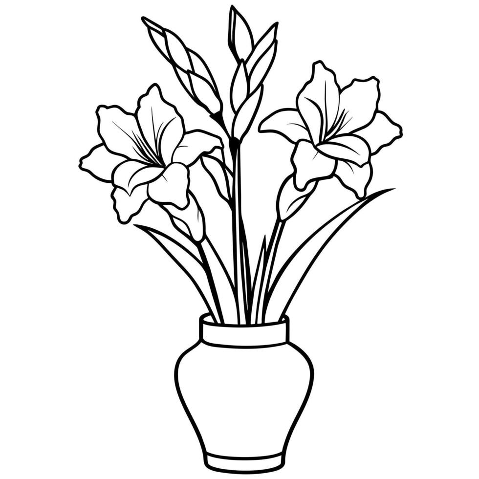 gladiolo fiore su il vaso schema illustrazione colorazione libro pagina disegno, gladiolo fiore su il vaso nero e bianca linea arte disegno colorazione libro pagine per bambini e adulti vettore