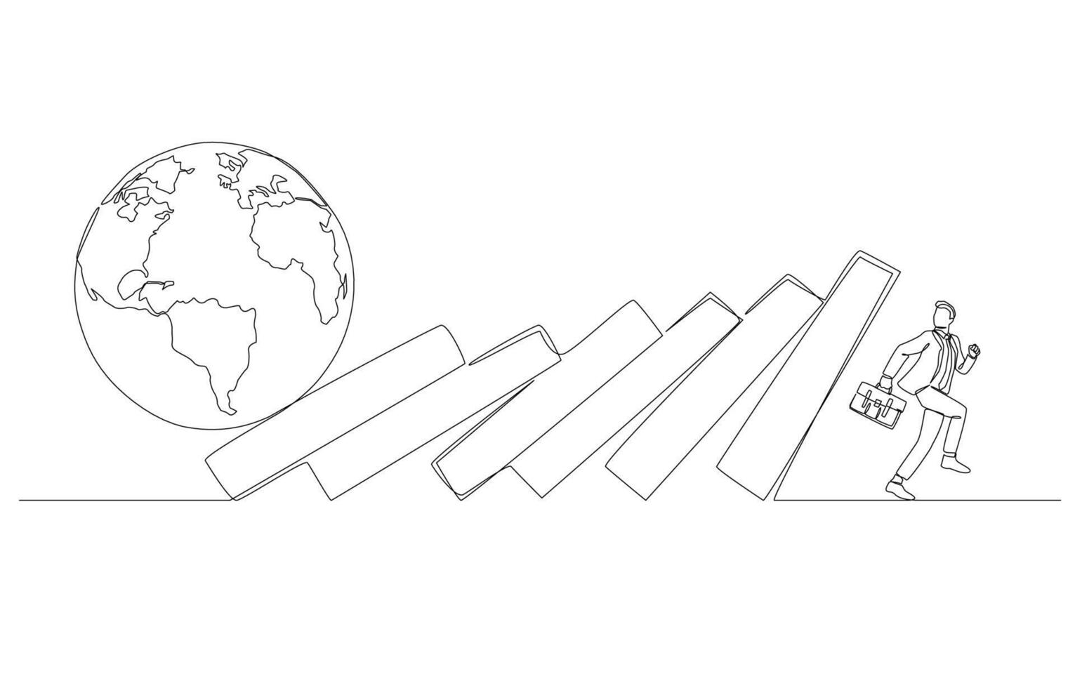 continuo uno linea disegno di uomo d'affari in esecuzione lontano a partire dal caduta domino a partire dal terra attacco, perdita di attività commerciale dovuto per globale recessione concetto, singolo linea arte. vettore