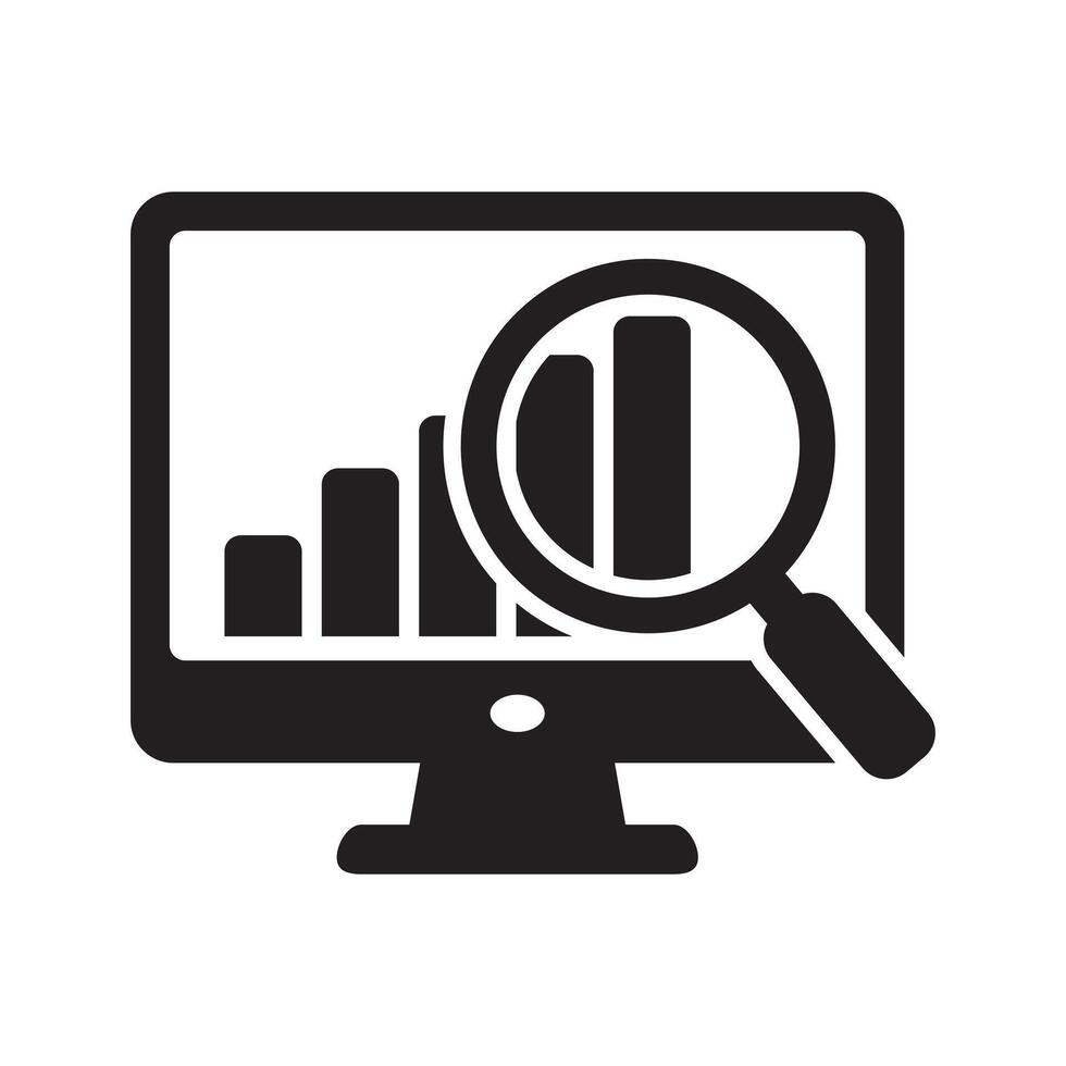 schermo con bar grafico e lente di ingrandimento icona, computer tenere sotto controllo con rapporto icona, in linea monitoraggio icona. analisi concetto. vettore