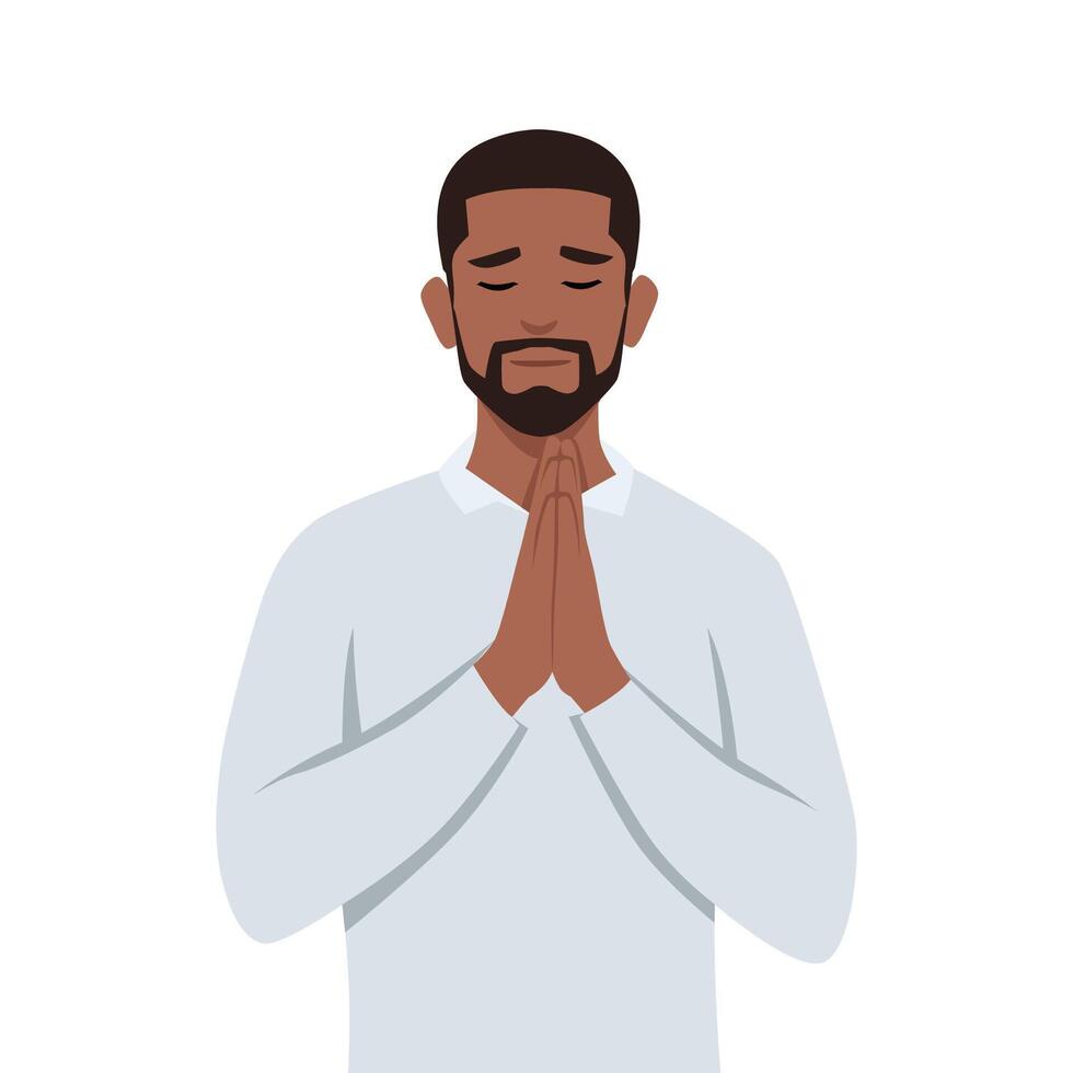 giovane nero uomo Tenere mani piegato nel pregare. vettore