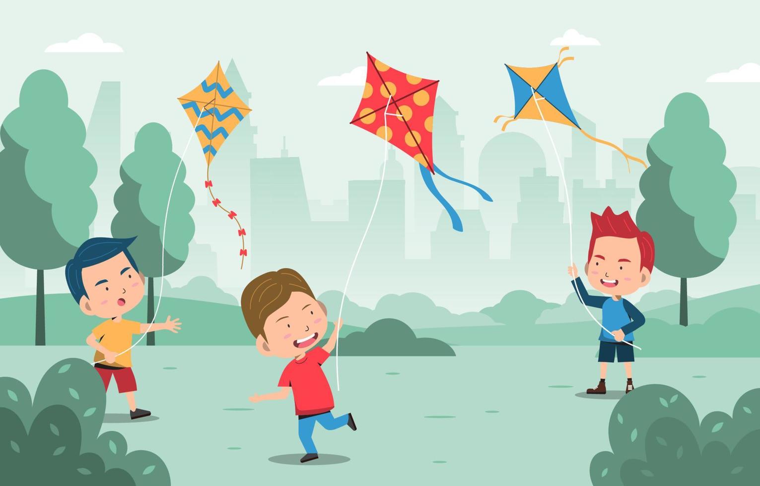 bambini che giocano a kite al parco cittadino vettore