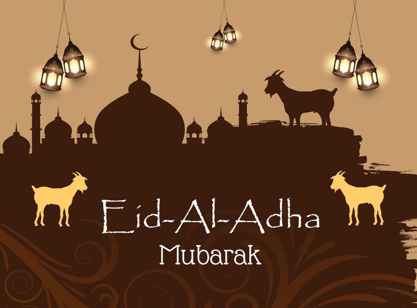 eid al adha Festival. saluto carta con sacrificale pecora e mezzaluna su nuvoloso notte sfondo. eid mubarak tema vettore