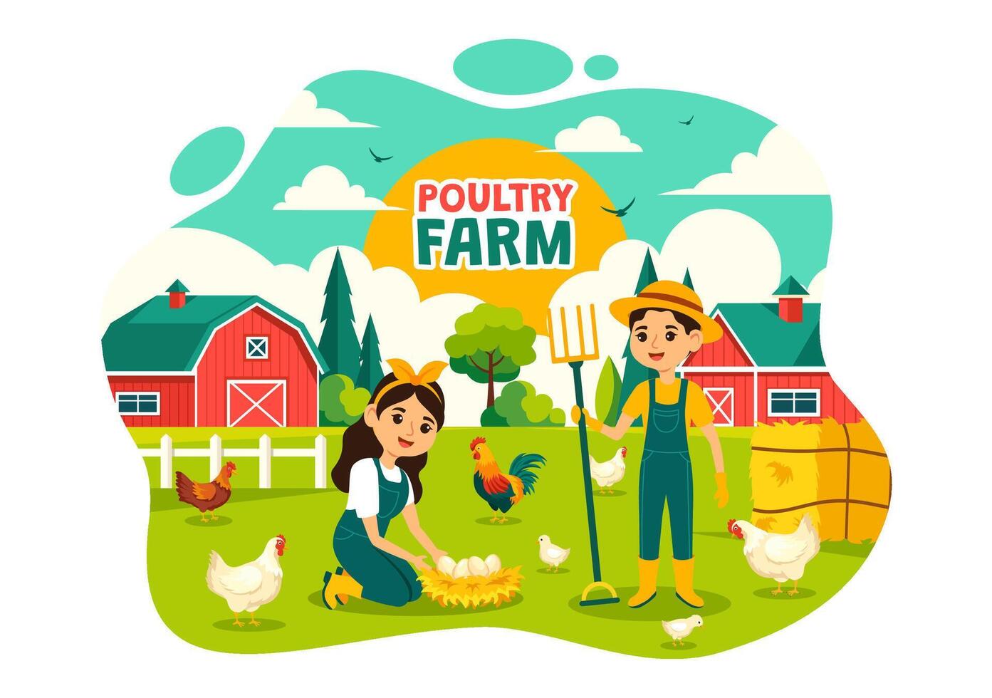 pollame azienda agricola illustrazione con polli, galli, cannuccia, gabbia e uovo su scenario di verde campo nel piatto cartone animato sfondo design vettore