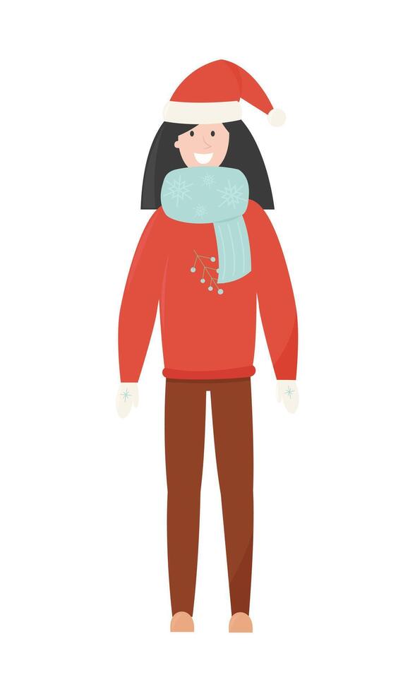 donna dai capelli neri nel inverno Abiti e Natale rosso cappello e a maglia blu sciarpa con fiocchi di neve. piatto illustrazione nel cartone animato stile isolato su bianca sfondo vettore