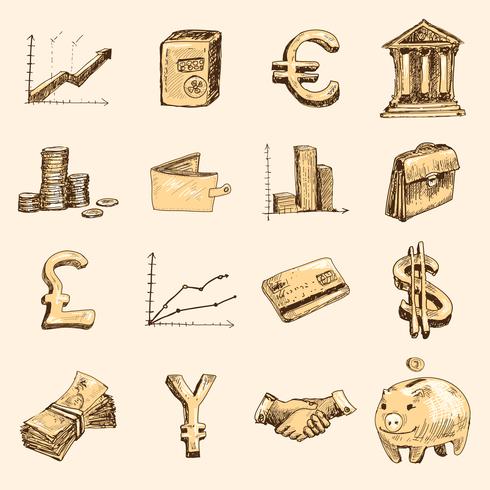 Le icone di finanza hanno impostato l&#39;oro di schizzo vettore