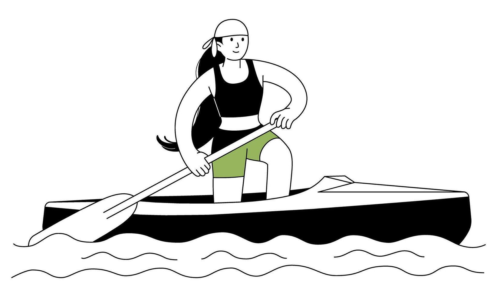 gli sport femmina atleta treni su kayak schema icona. nel posa con supporto su uno ginocchio, lei pagaie. canoa addestramento. canottaggio sprint. personaggio per gli sport classifica, ragnatela, mascotte. linea illustrazione. vettore