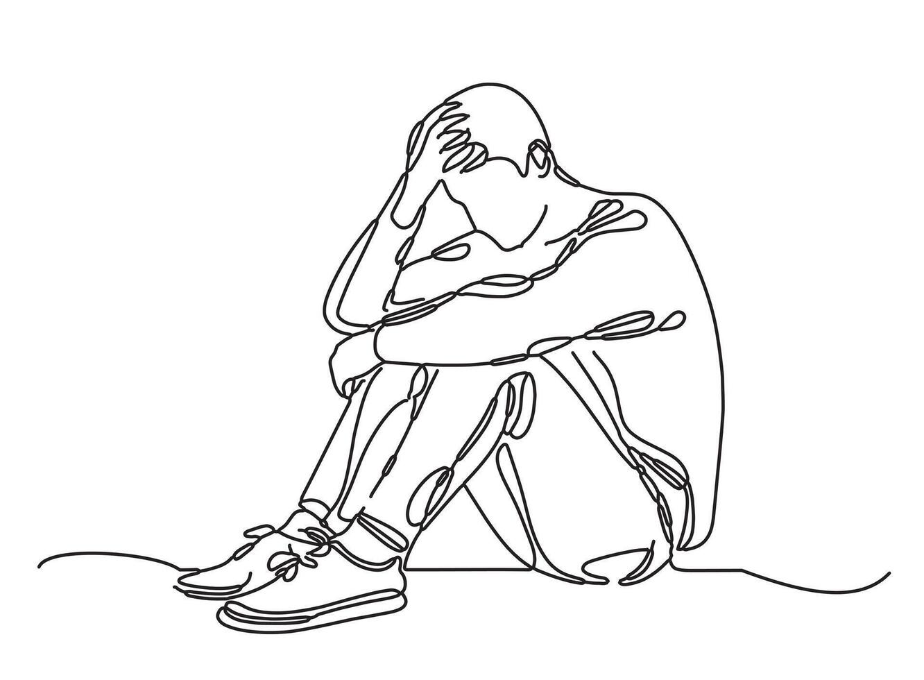 continuo uno linea disegno di un' triste uomo seduta su il pavimento e pianto in profondità pensiero depresso soluzione problema modificabile linea ictus illustrazione vettore