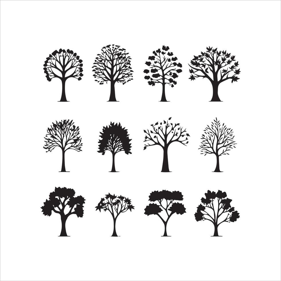 albero e foresta sagome silhouette albero linea disegno impostato Noce di cocco albero silhouette illustrazioni vettore