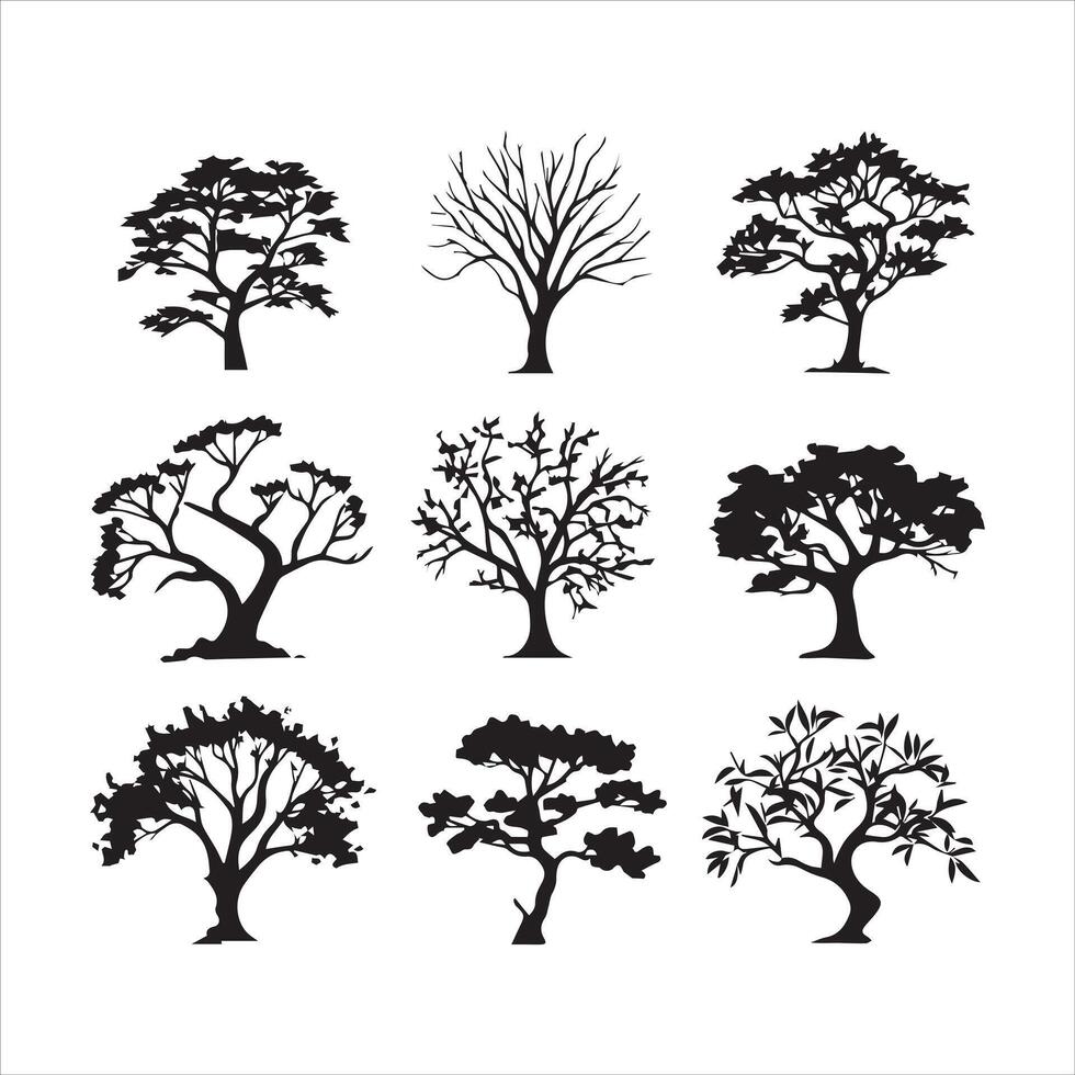 albero e foresta sagome silhouette albero linea disegno impostato Noce di cocco albero silhouette illustrazioni vettore