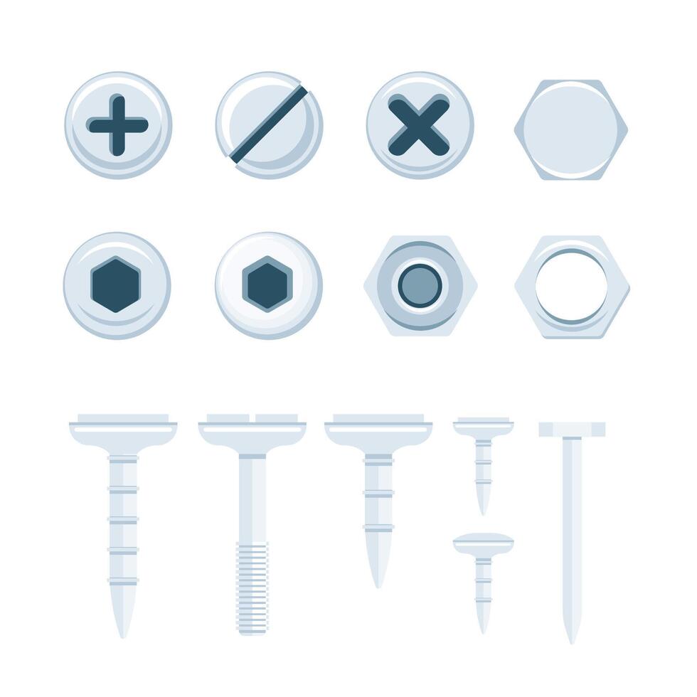 piatto Chiodi cappucci. bullone teste superiore Visualizza. metallo viti, noccioline. costruzione acciaio vite. vettore