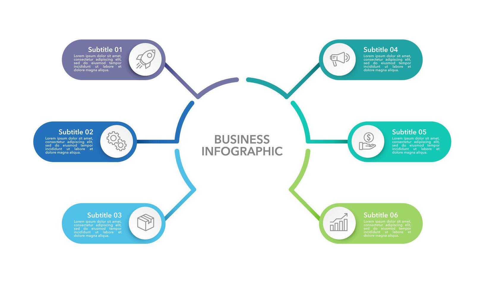 6 processi Infografica cerchio design modello. diagramma, annuale rapporto, marketing, pianificazione, attività commerciale presentazione, e organizzazione. vettore