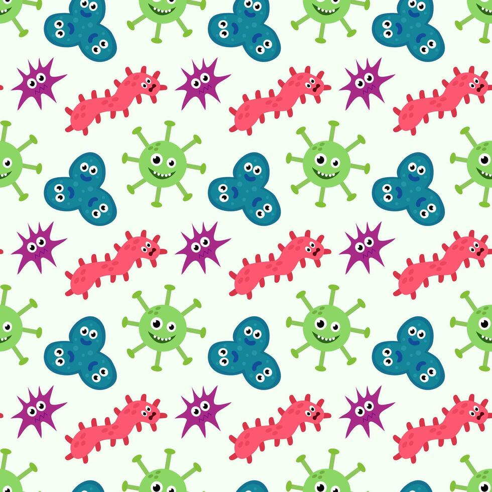 senza soluzione di continuità modello con carino cartone animato personaggi virus, batteri, microbo. microbiologia organismi divertente viso sfondo. portafortuna esprimendo emozione sfondo. bambini illustrazione nel piatto design. vettore