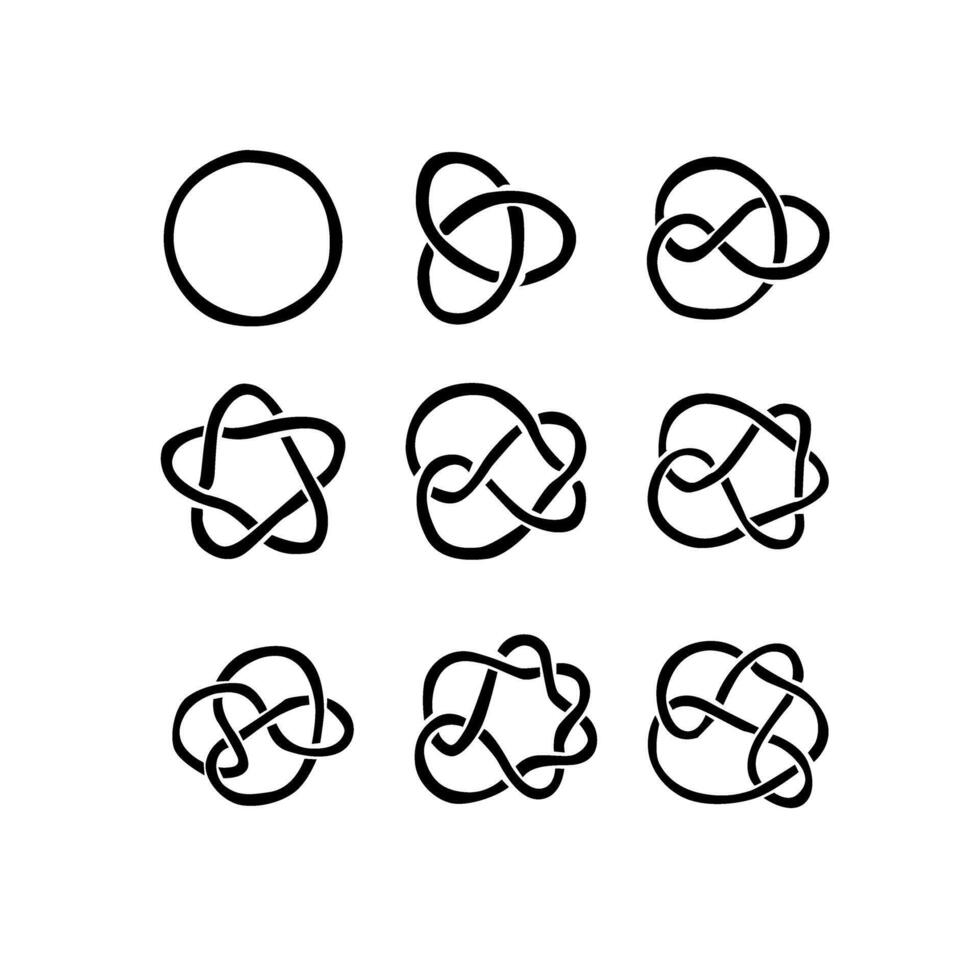 un astratto composizione di nero e bianca simboli e forme. esso include un infinito simbolo, celtico nodo simboli, un' cerchio, e un' stella. vettore