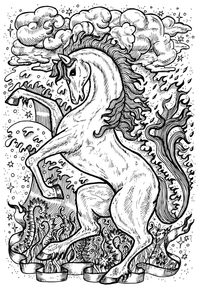 cavallo simbolo con quattro natura elementi, fuoco, aria, acqua e terra mistico segni vettore