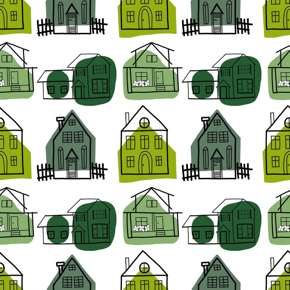 senza soluzione di continuità modello. Residenziale edifici disegnato a mano su un' tavoletta nel nero e verde. privato case con finestre, fiore letti, recinzioni. adatto per stampa su tessuto e carta, per design. vettore