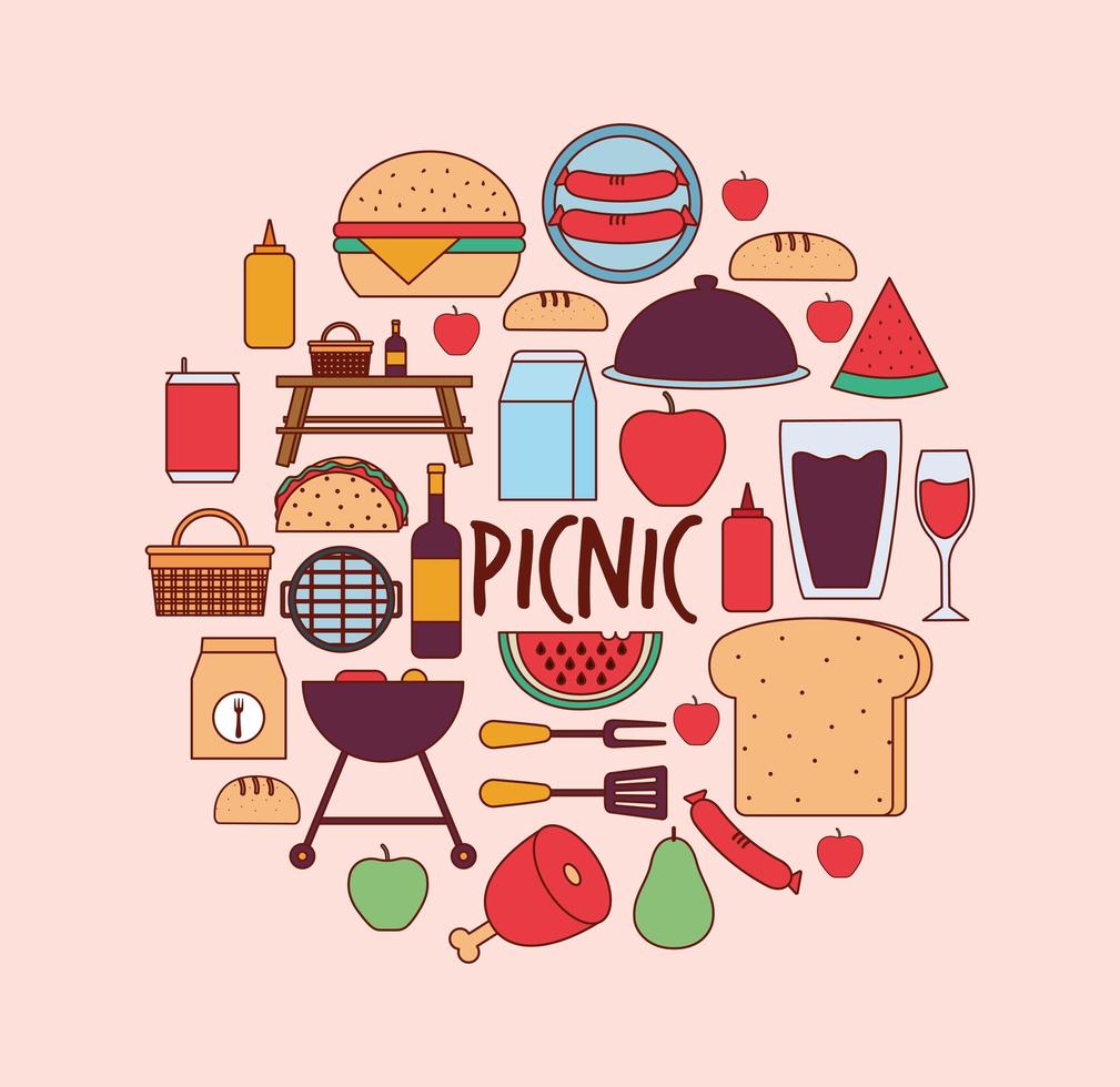 set di icone da picnic e scritte da picnic su sfondo rosa vettore