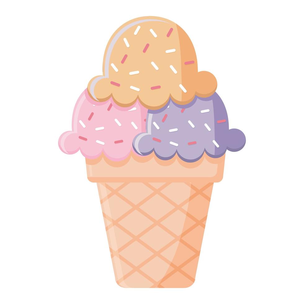 gelato con tre palline di colore viola, rosa e arancio con codette sulla parte superiore in un cono vettore