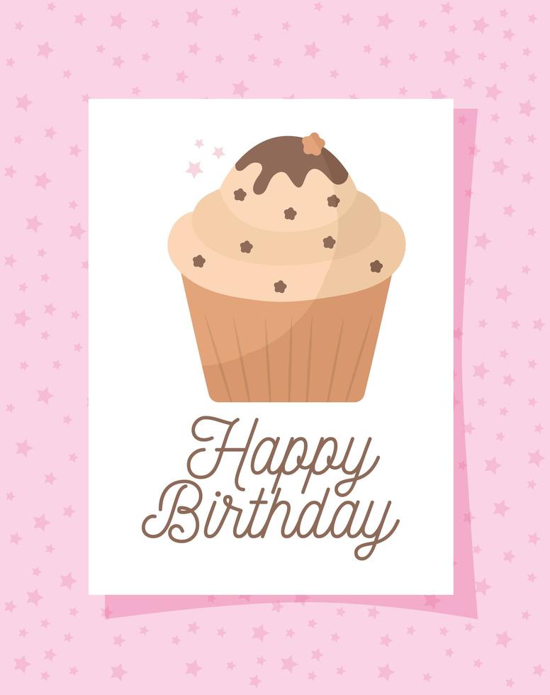 carta cupcake con scritta buon compleanno su sfondo rosa vettore