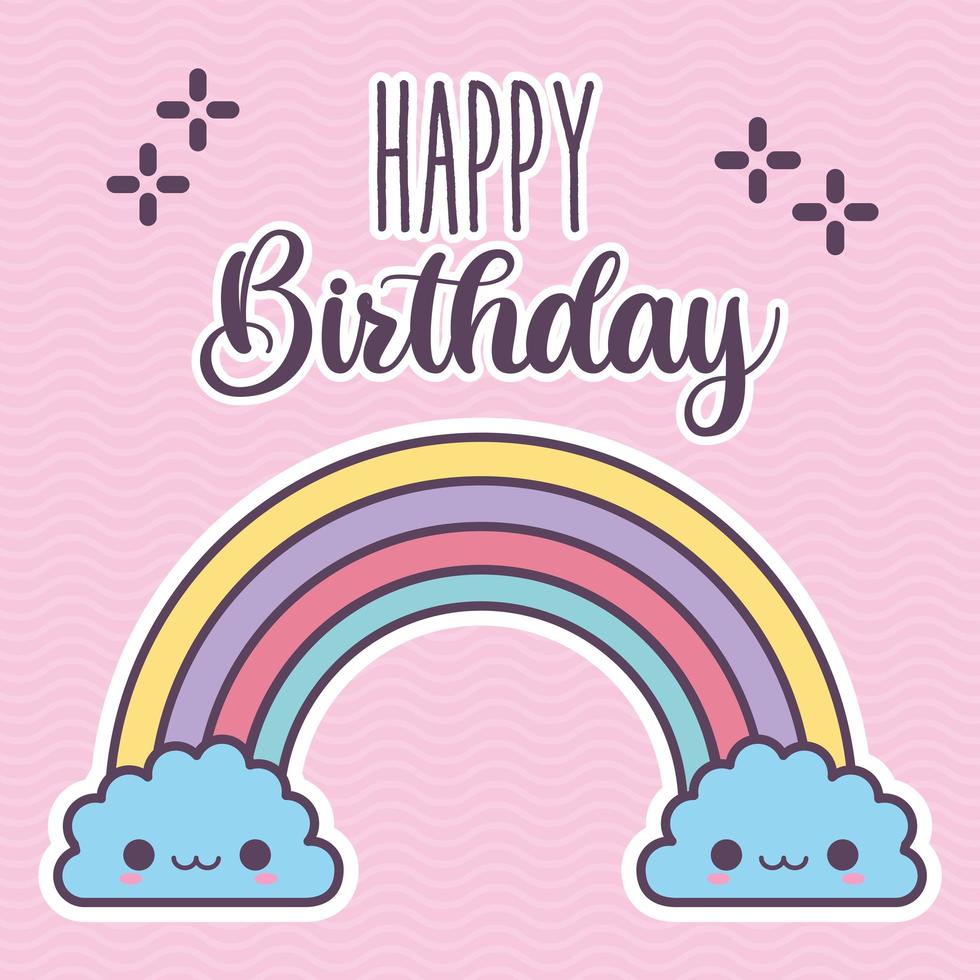scritte di buon compleanno e arcobaleno con due sorrisi di nuvole blu vettore
