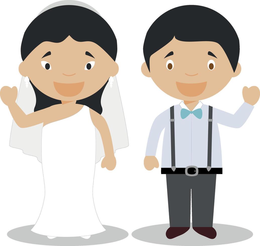 orientale sposa e meticcio sposo interrazziale sposini coppia nel cartone animato stile illustrazione vettore