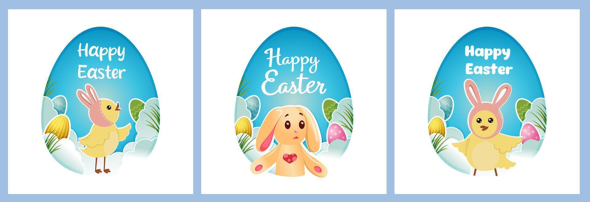 contento Pasqua saluto carte collezione. tagliare su uova silhouette con carino pollo e coniglietto personaggi. vettore