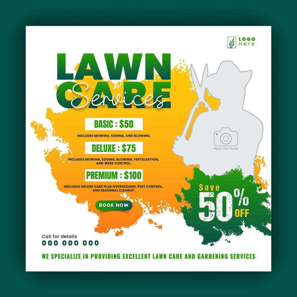 moderno prato falciatore giardino o paesaggio servizio sociale media copertina disegno, agricoltura e agricoltura promozione con astratto verde e giallo ragnatela striscione, inviare modello aviatore volantino manifesto vettore