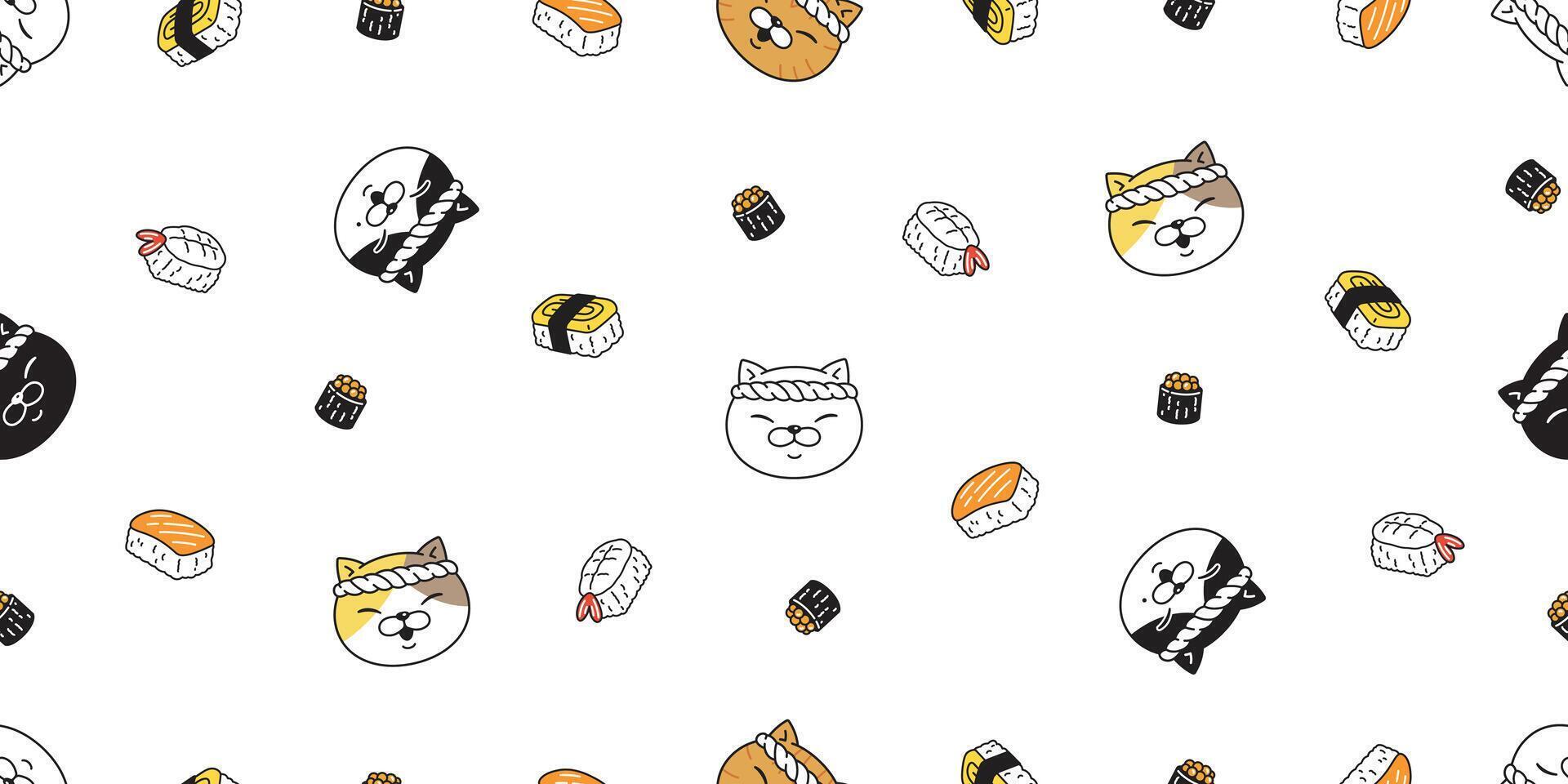 gatto senza soluzione di continuità modello gattino capocuoco Sushi ramen testa calicò Giappone cibo animale domestico sciarpa isolato cartone animato animale piastrella sfondo ripetere sfondo illustrazione scarabocchio design vettore