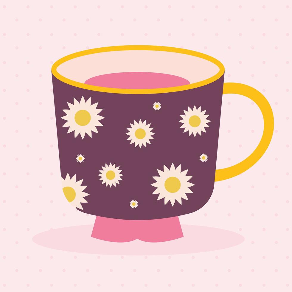 tazza di tè con un colore viola e girasoli su uno sfondo rosa vettore