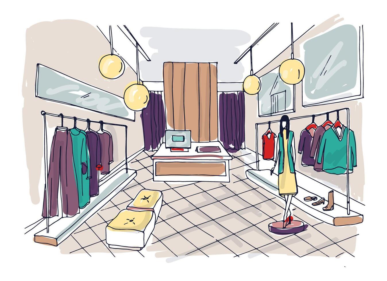 a mano libera disegno di capi di abbigliamento boutique interno con sospeso cremagliere, arredamento, indossatrice vestito nel elegante Abiti. mano disegnato moda memorizzare o di moda abbigliamento negozio. colorato illustrazione. vettore