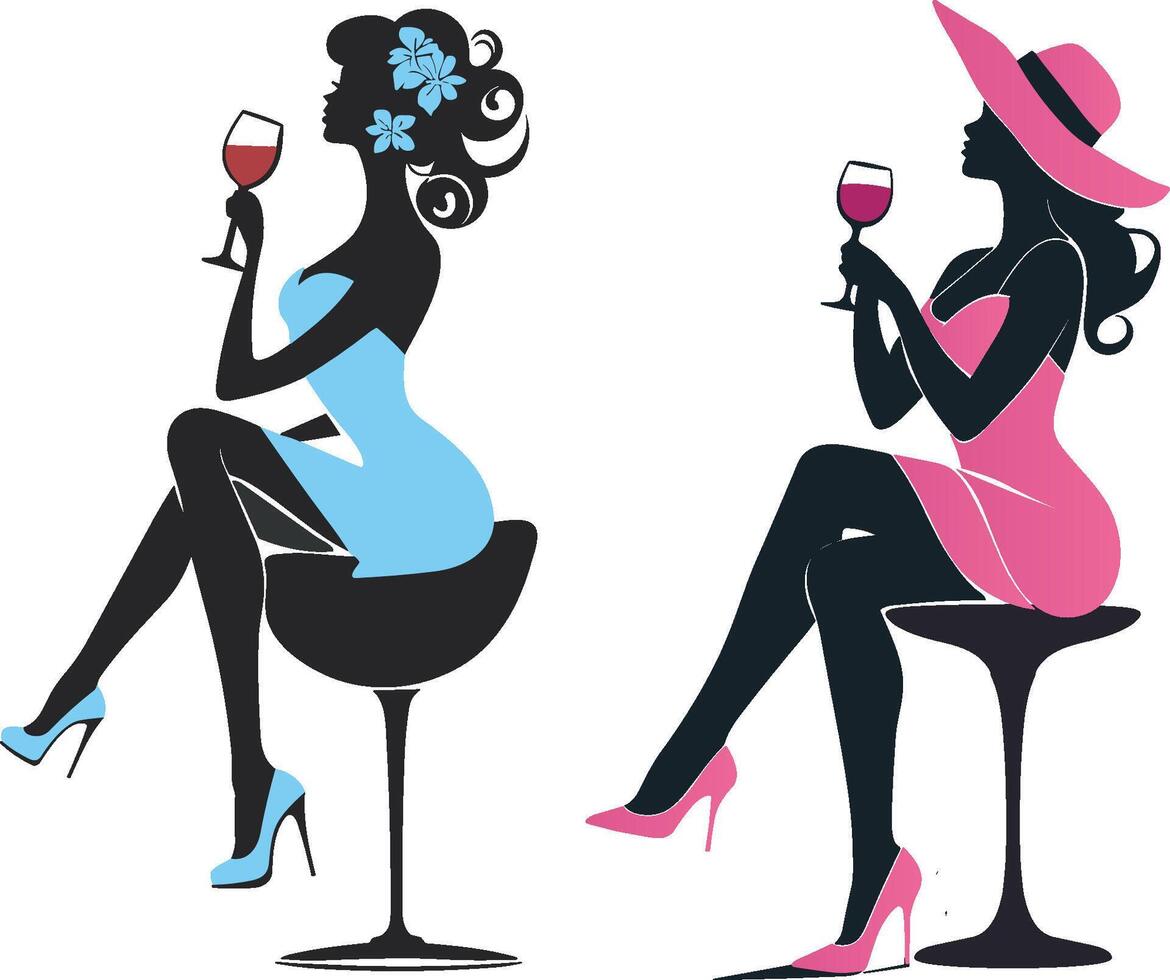 silhouette di un' donna seduta su un' sgabello con un' bicchiere di vino nel sua mano vettore