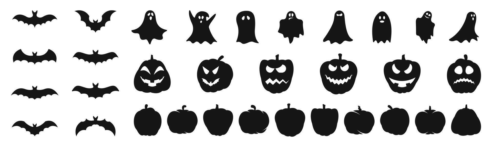 haloween sagome collezione. haloween celebrazione concetto icone. fantasma, zucca e pipistrello icone. silhouette stile icone. vettore