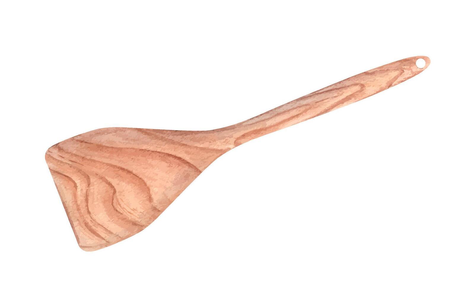 di legno cucina spatola. utensili per cucinando, eccitante cibo. utensili da cucina con legna struttura. superiore Visualizza. acquerello illustrazione di culinario attrezzo. modello per cibo menù, ricettario o ricetta design vettore